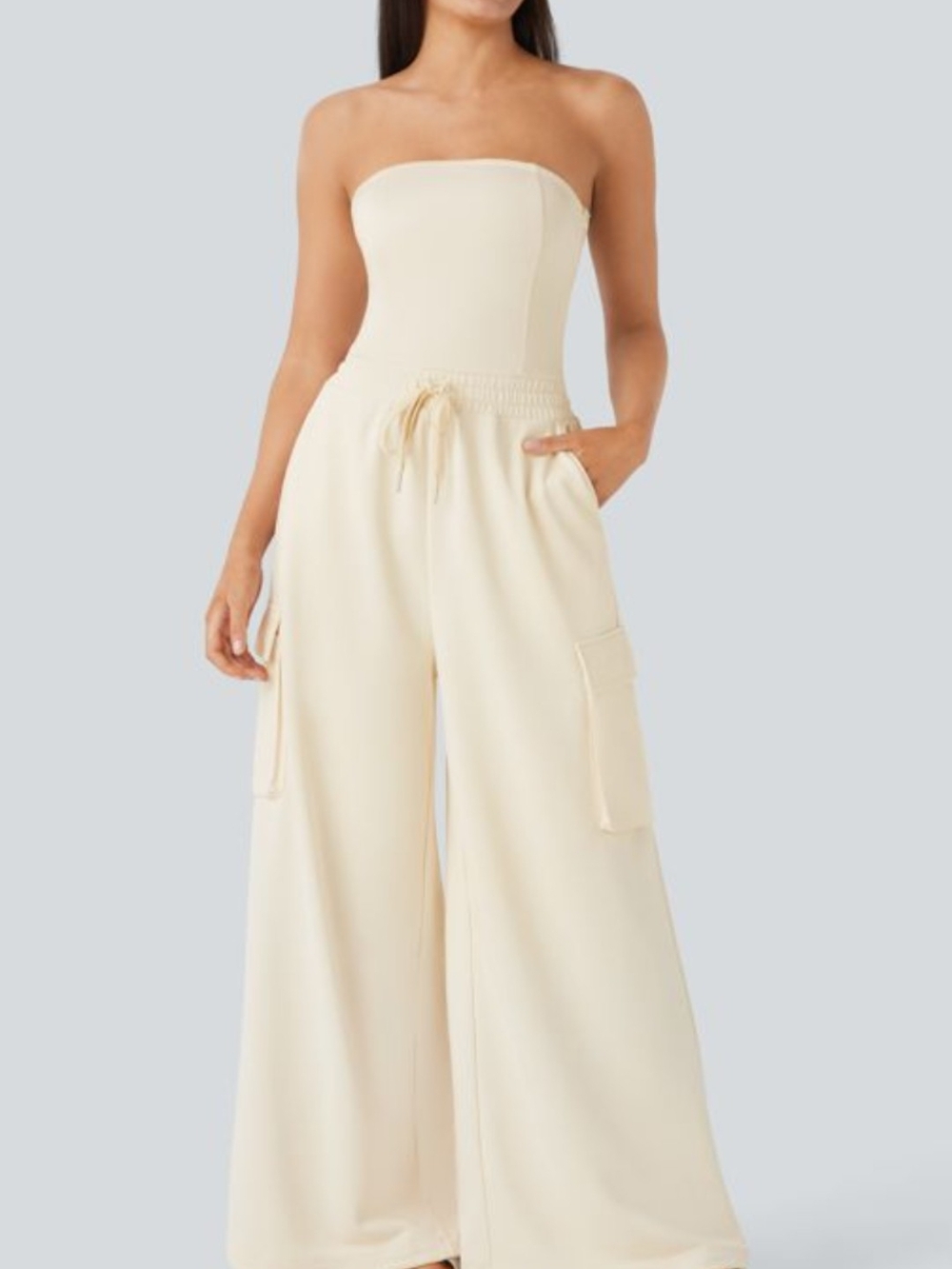 HALARA Cream Strapless Wide-Leg Jumpsuit with Cargo Pockets